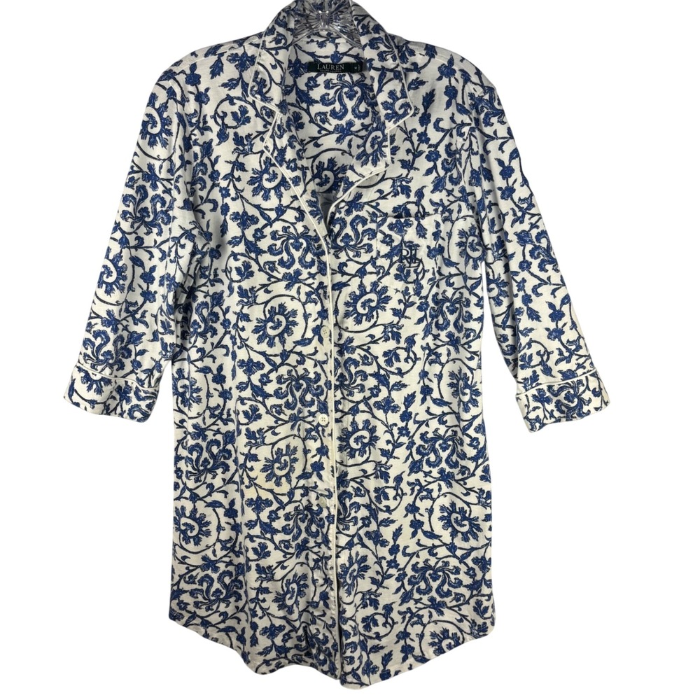 Lauren Ralph Lauren Blue White Floral Paisley‎ Knit Nightshirt Sleep Shirt Med